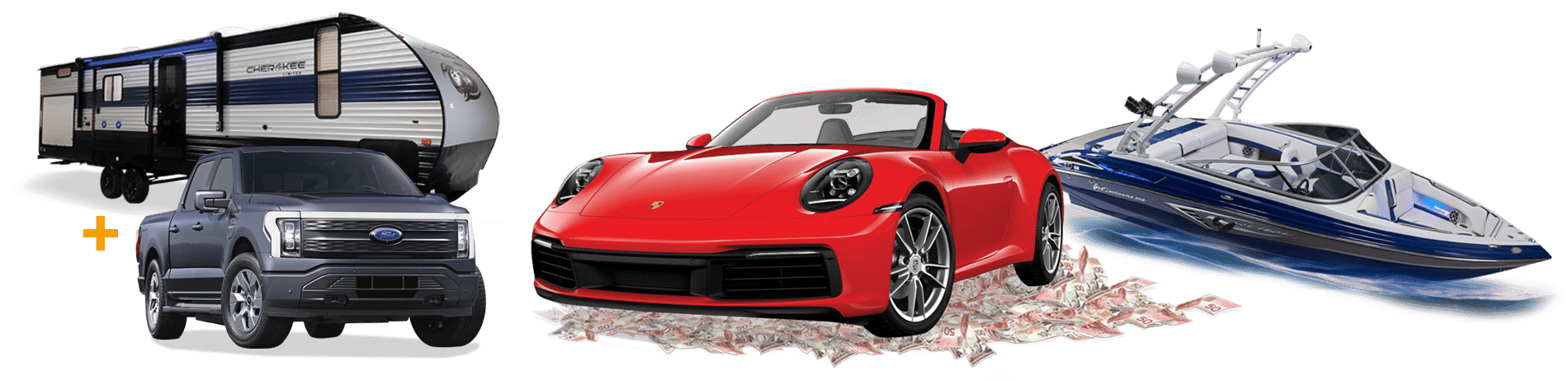 Rock The Road Raffle prizes, a top-performance Porsche, a powerful Surf boat, a loaded truck and trailer package or $135,000 cash.